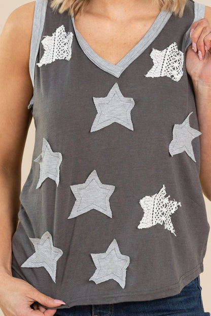 Charcoal With Star Patches Solid Knit Top