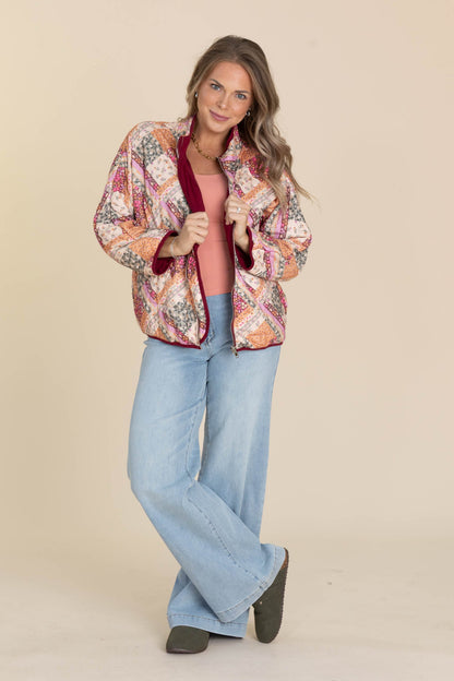 Burgundy Patch Print Light Padded Jacket