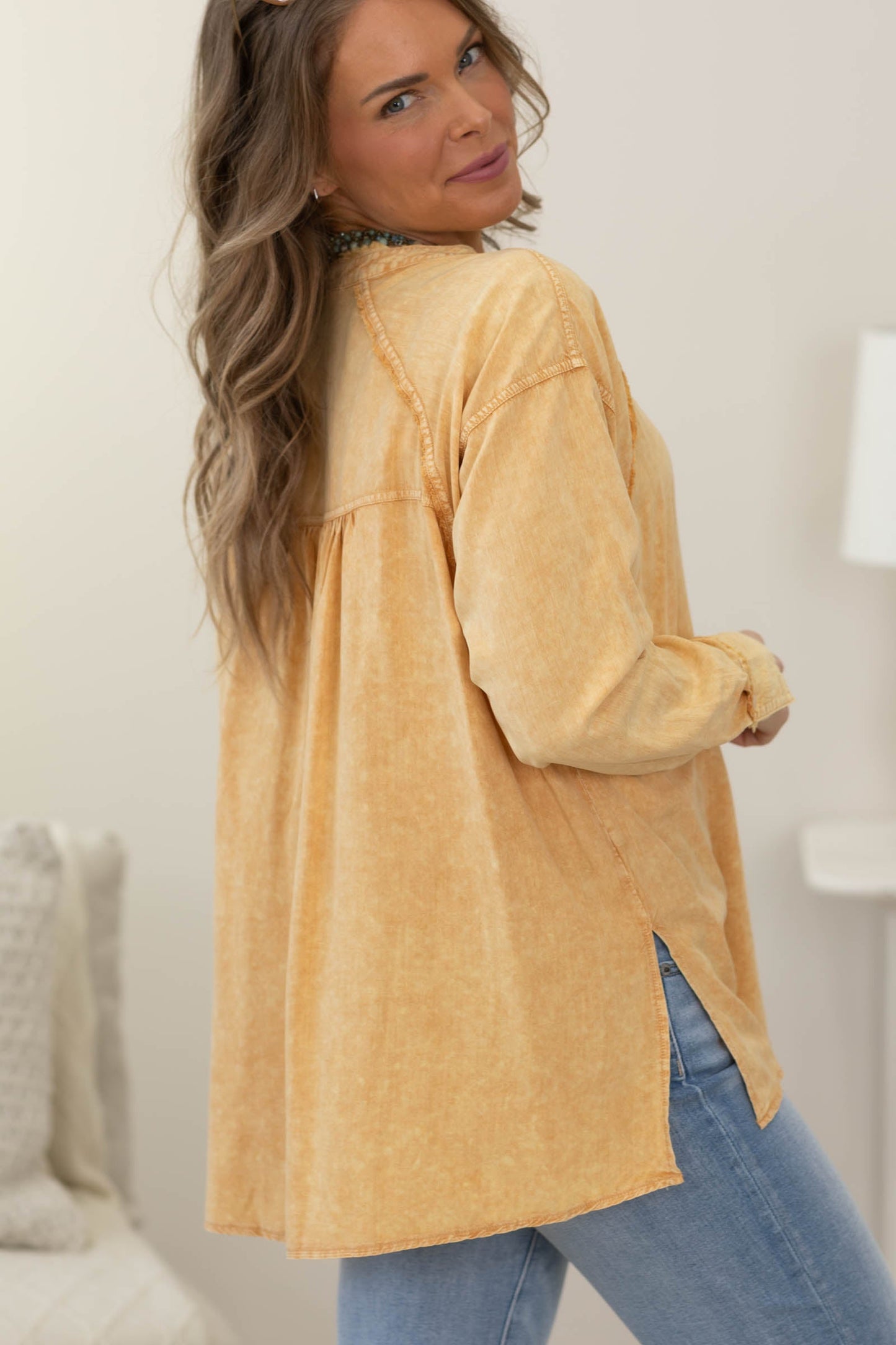 Camel Mineral Washed Button Down Top- 100% Cotton