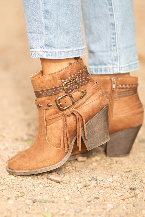 Cognac Bootie With Buckle and Fringe Detail