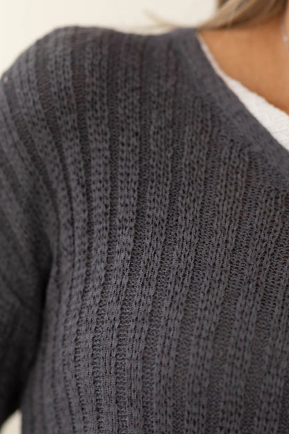 Charcoal V-Neck Stripe Rib Sweater Knit Top
