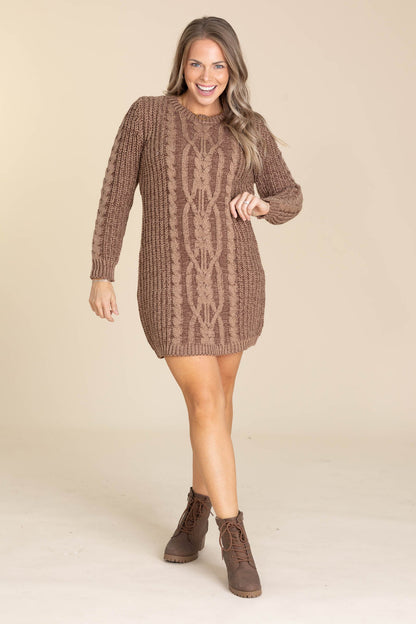 Brown Two Tone Cable Knit Sweater Dress