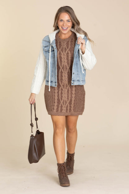 Brown Two Tone Cable Knit Sweater Dress