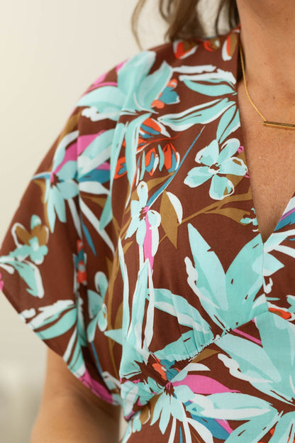 Brown And Turquoise Floral Wrap Dress