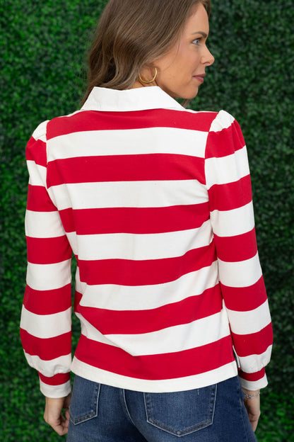 Collared Bold Striped Long Sleeve Knit Tops