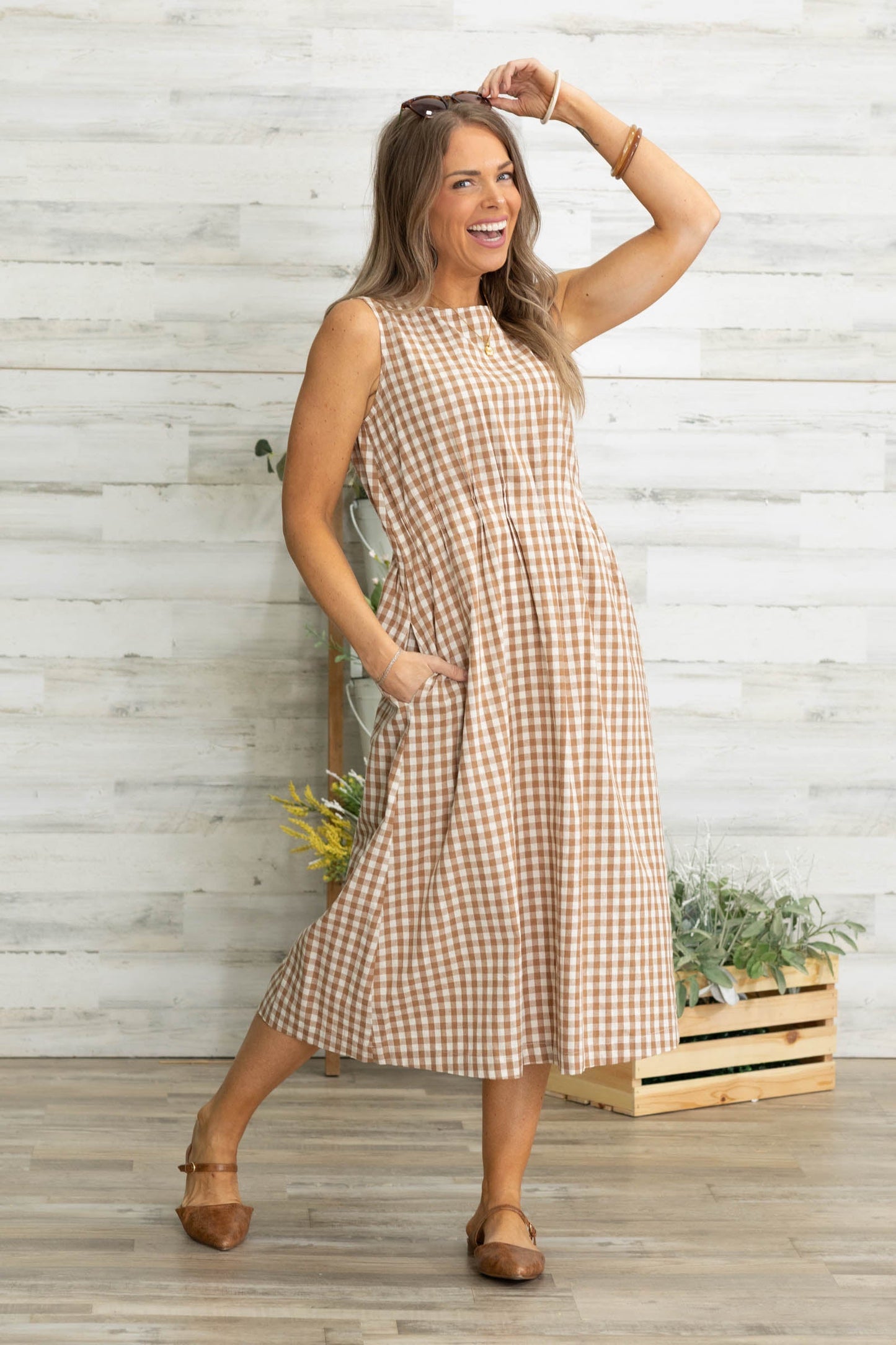 Brown Gingham Check Sleeveless Midi Dress