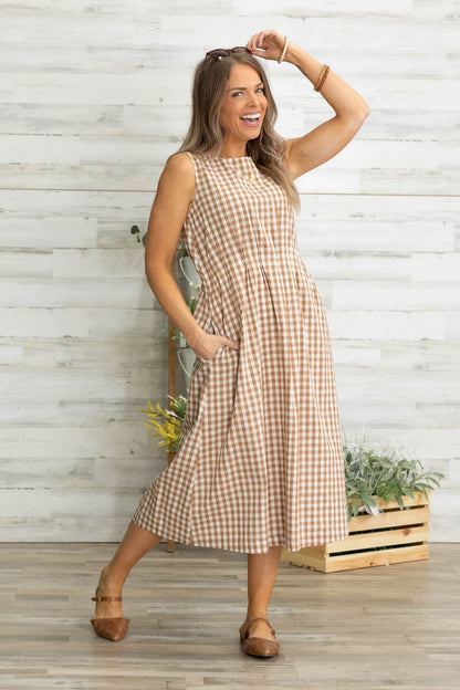 Brown Gingham Check Sleeveless Midi Dress