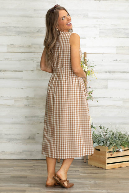 Brown Gingham Check Sleeveless Midi Dress