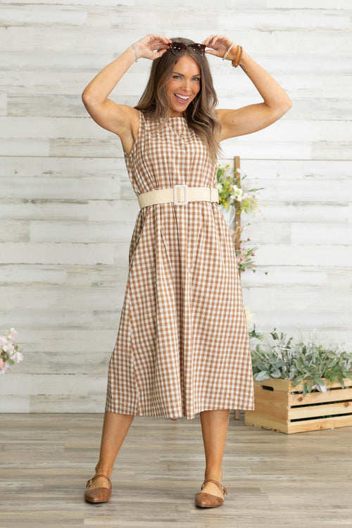Brown Gingham Check Sleeveless Midi Dress