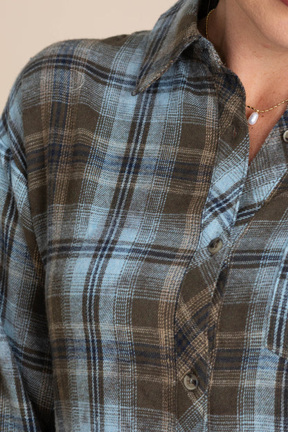 Brown Mineral Washed Plaid Shirt Dress