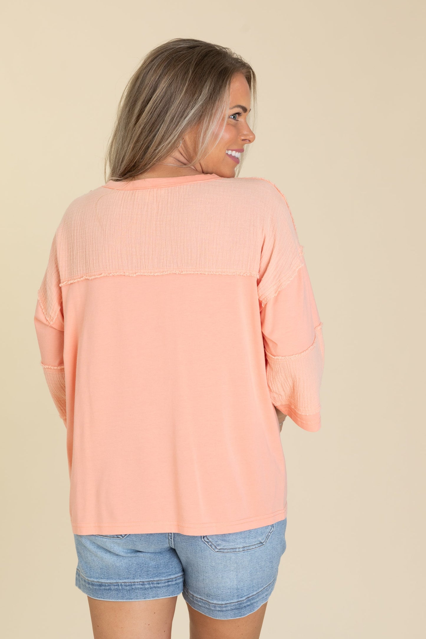 Coral Washed Mixed Fabric Knit Top