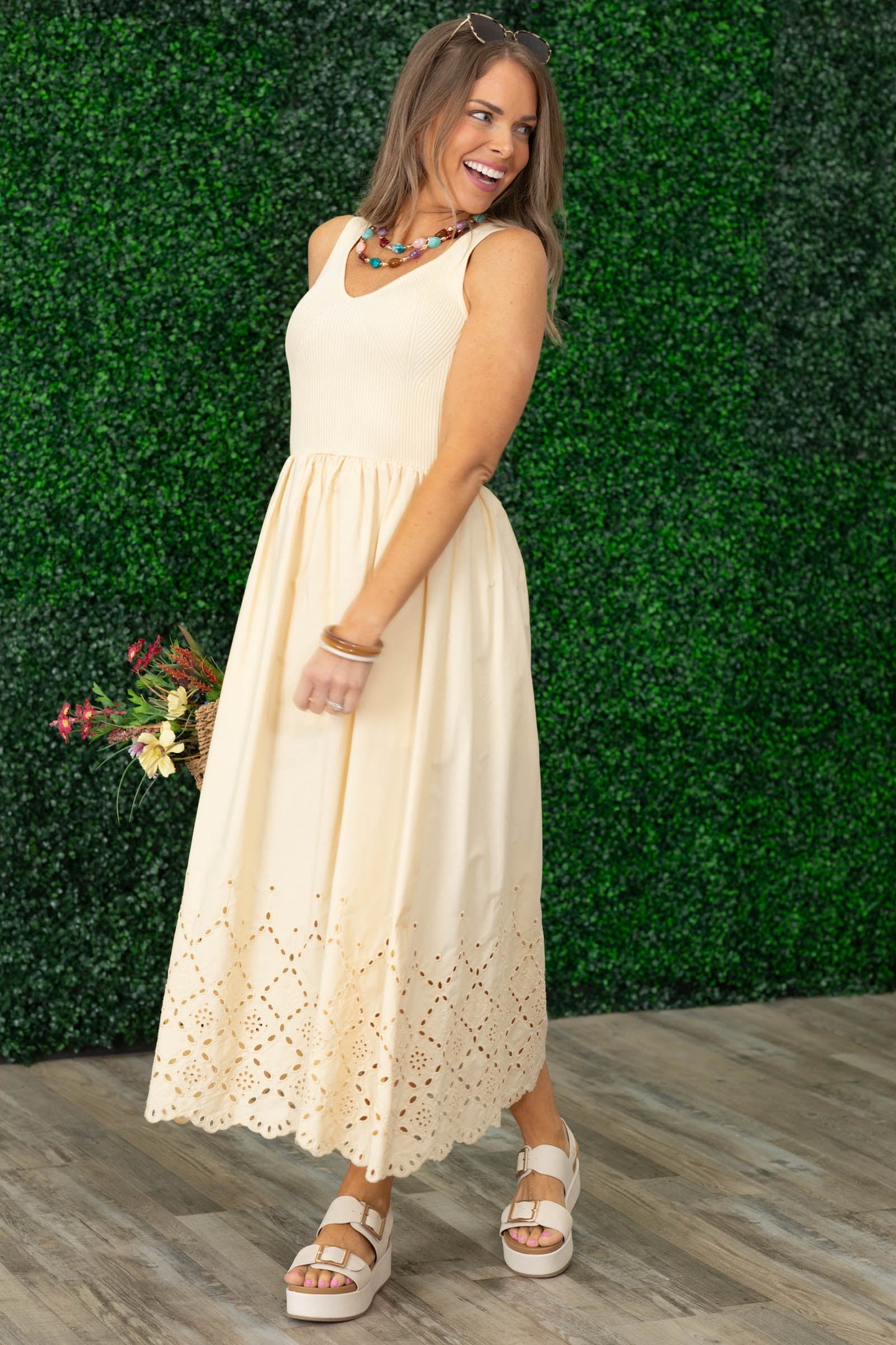 Butter Yellow Eyelet Hem Detail Midi Dress