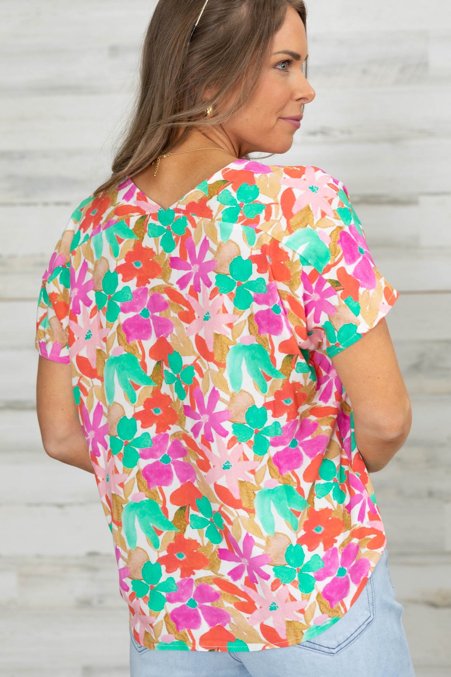 Coral And Pink V-Neck Floral Woven Top