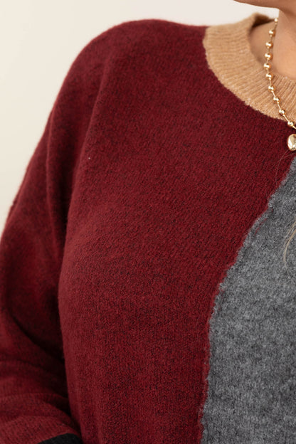 Colorblock Front Seam Long Sleeve Knit Sweaters