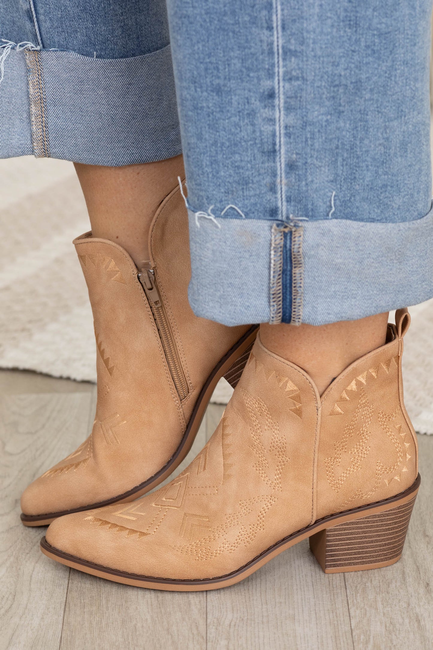 Camel Pointed Toe Aztec Stitch Bootie