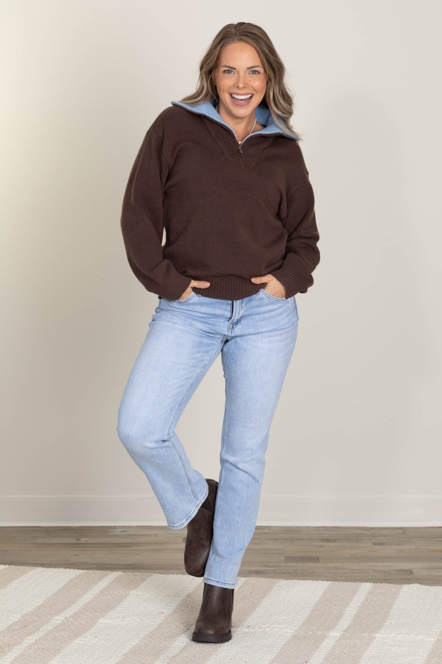 Brown Color Contrast Accent Zip Up Sweater