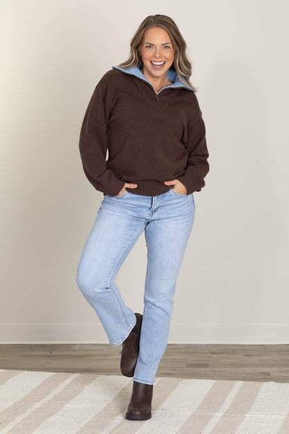 Brown Color Contrast Accent Zip Up Sweater