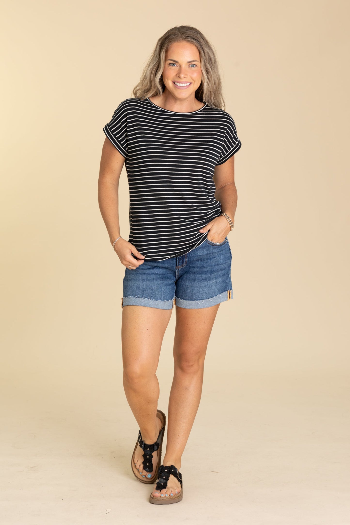 Button Shoulder Striped Knit Top