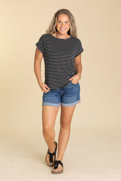 Button Shoulder Striped Knit Top