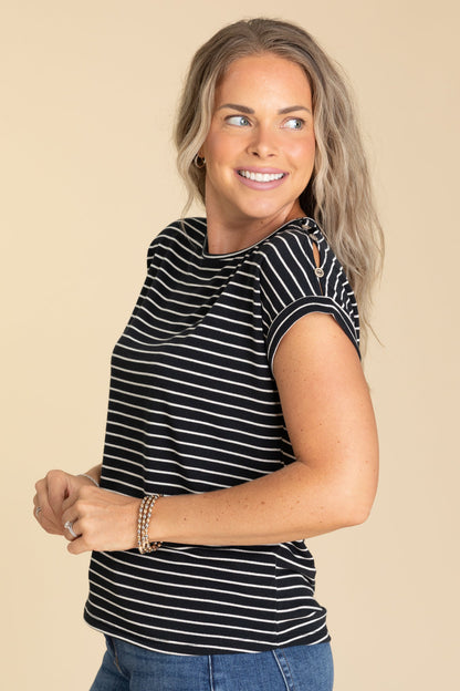 Button Shoulder Striped Knit Top