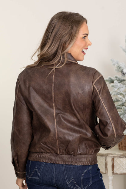 Brown Zip-Up Washed Faux Leather Jacket