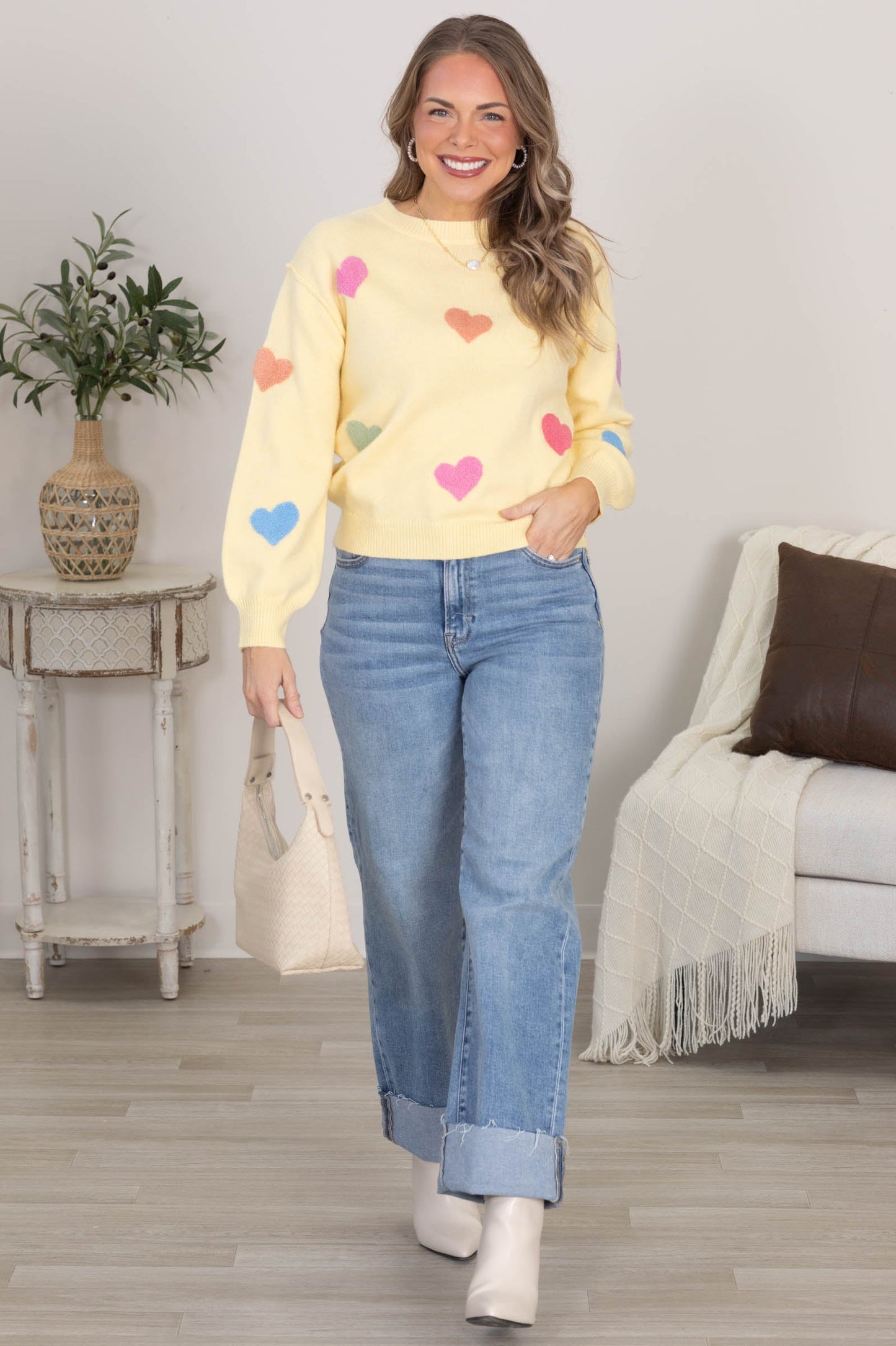 Butter Yellow Multicolor Hearts Sweater Top