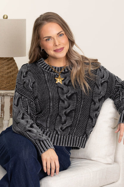 Charcoal Washed Cable Knit Pullover Sweater