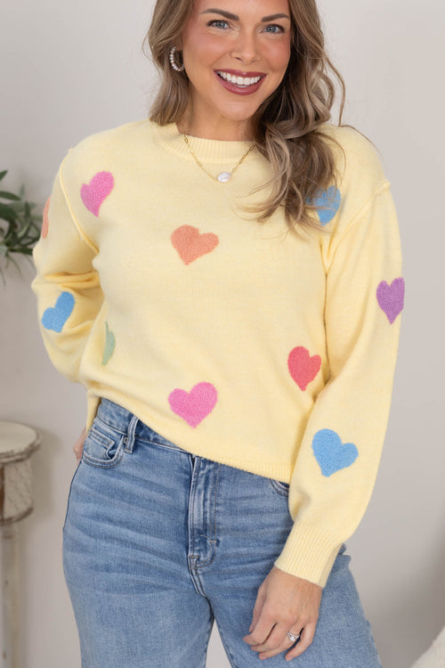 Butter Yellow Multicolor Hearts Sweater Top