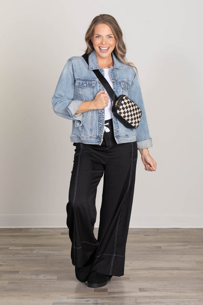 Contrast Stitch Elastic Waist Wide Leg Pants