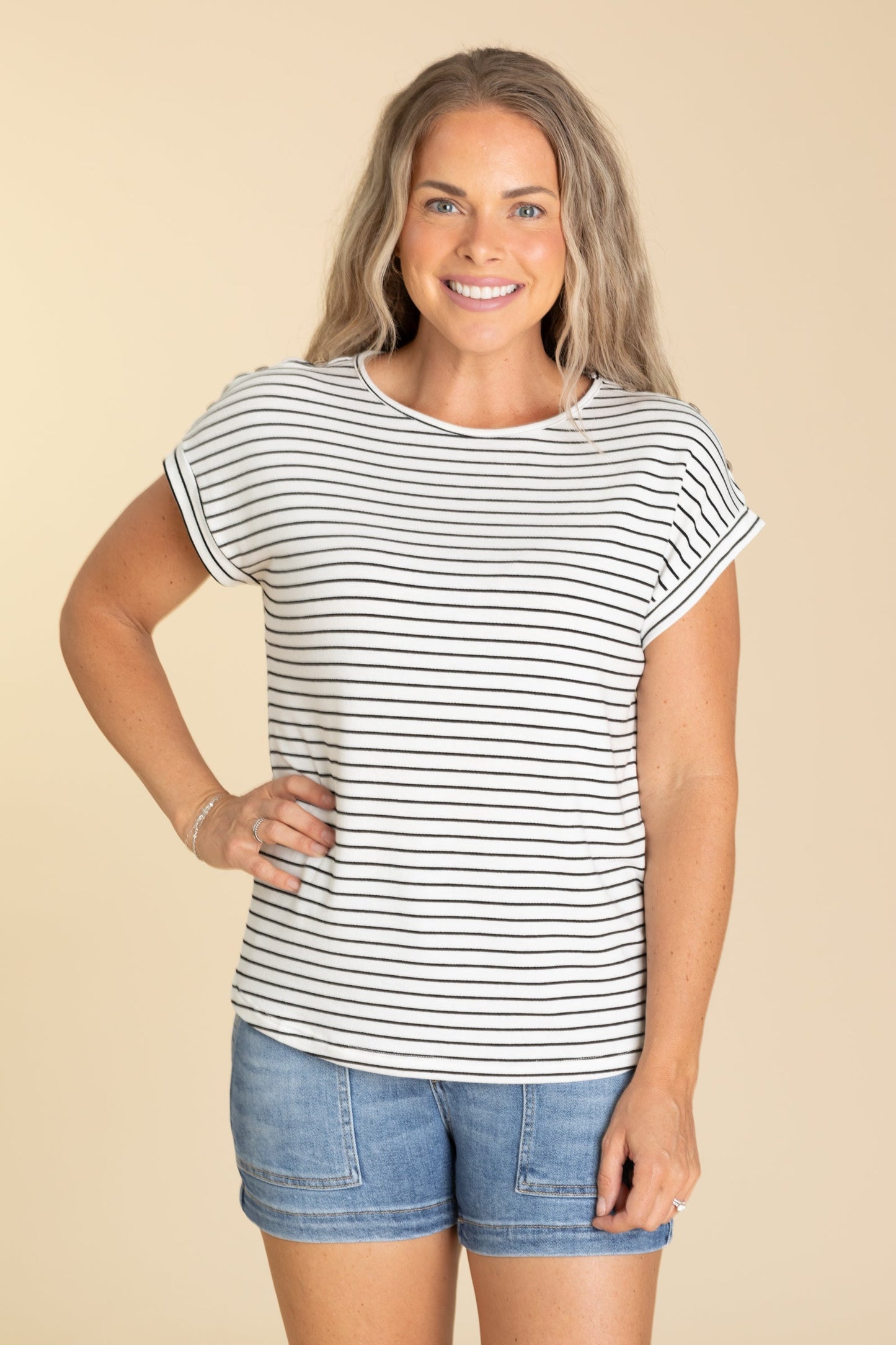 Button Shoulder Striped Knit Top