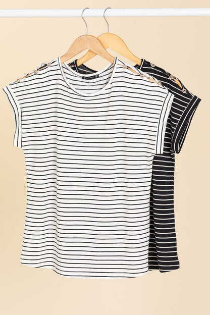Button Shoulder Striped Knit Top
