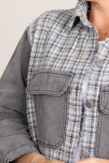 Charcoal Tweed Mixed Denim Shacket With Fringe