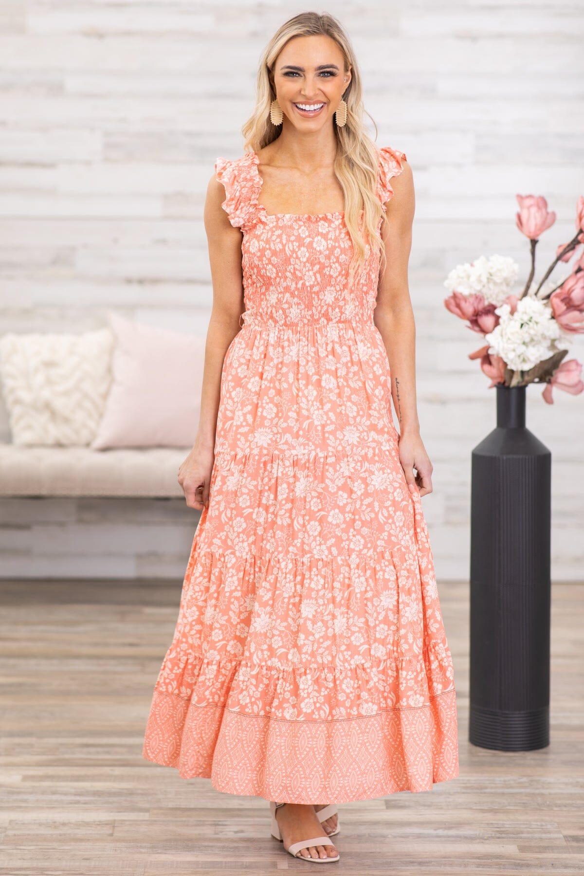 Coral and Ivory Floral Print Maxi Dress