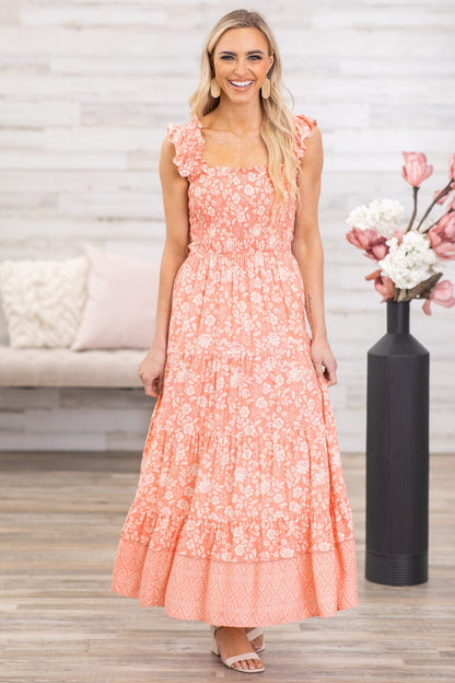 Coral and Ivory Floral Print Maxi Dress