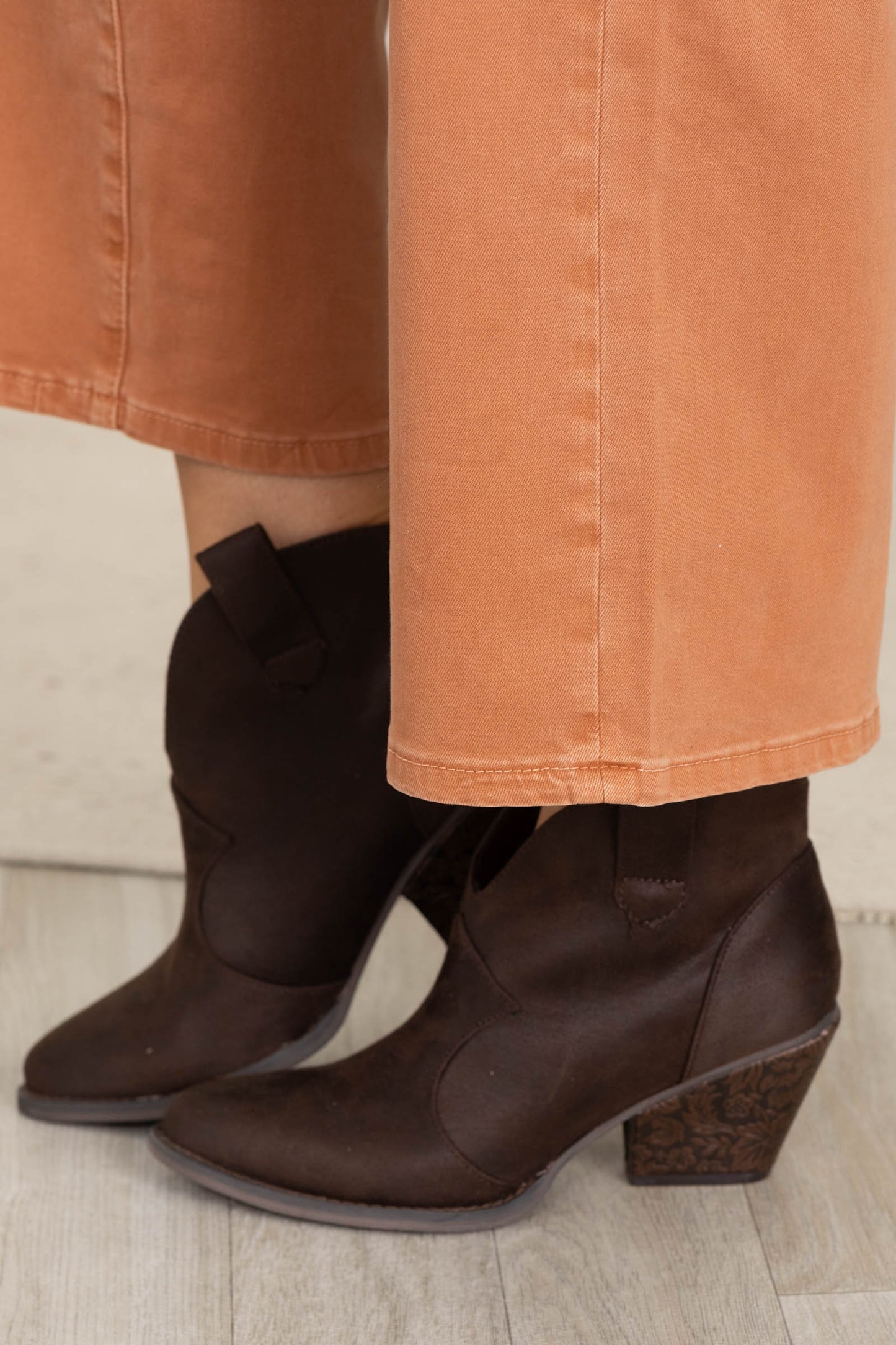 Brown Bootie With Floral Tooled Heel