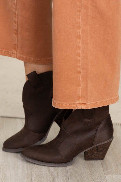 Brown Bootie With Floral Tooled Heel