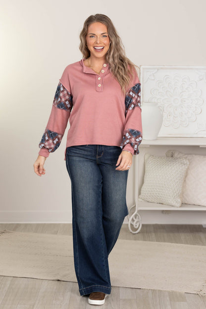 Colorblock Print Long Sleeve Knit Tops