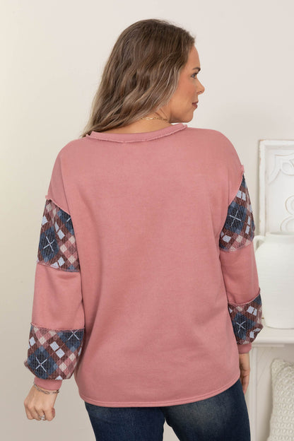 Colorblock Print Long Sleeve Knit Tops