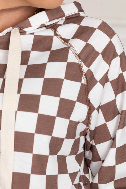 Brown Checkerboard Print Drawstring Knit Hoodie