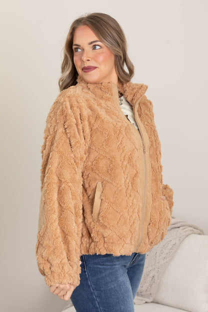 Camel Fuzzy Fleece Cable Pattern Jacket