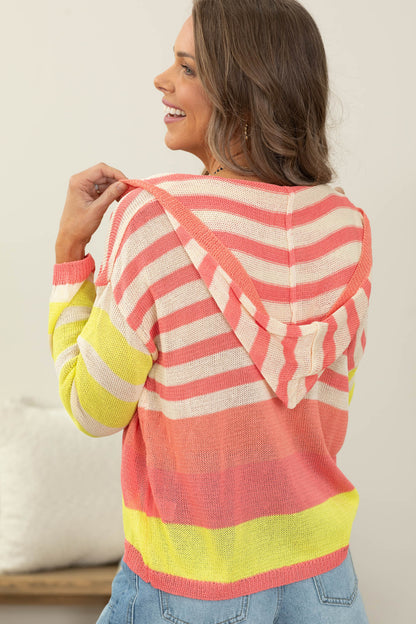 Coral And Yellow Stripe Lightweight Hoodie Sweater