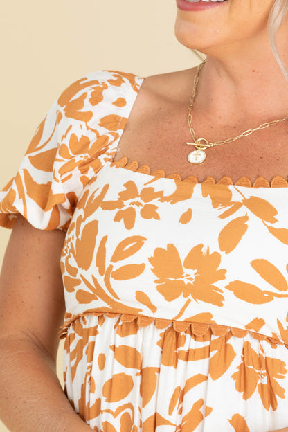 Burnt Orange Floral Scallop Trim Midi Dress