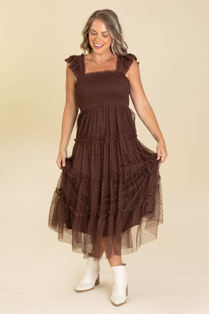 Brown Polka Dot Chiffon Smocked Tiered Dress