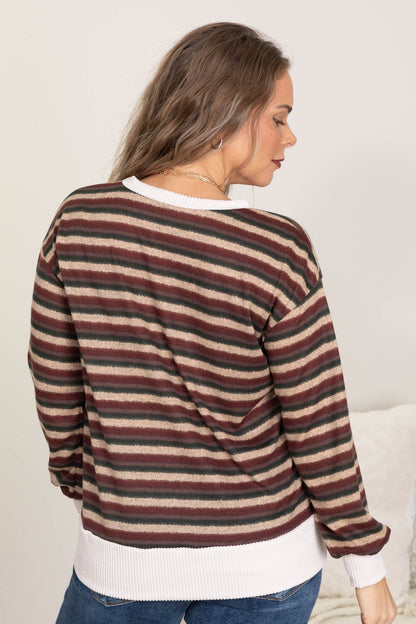 Burgundy and Green Stripe Soft Knit Tops