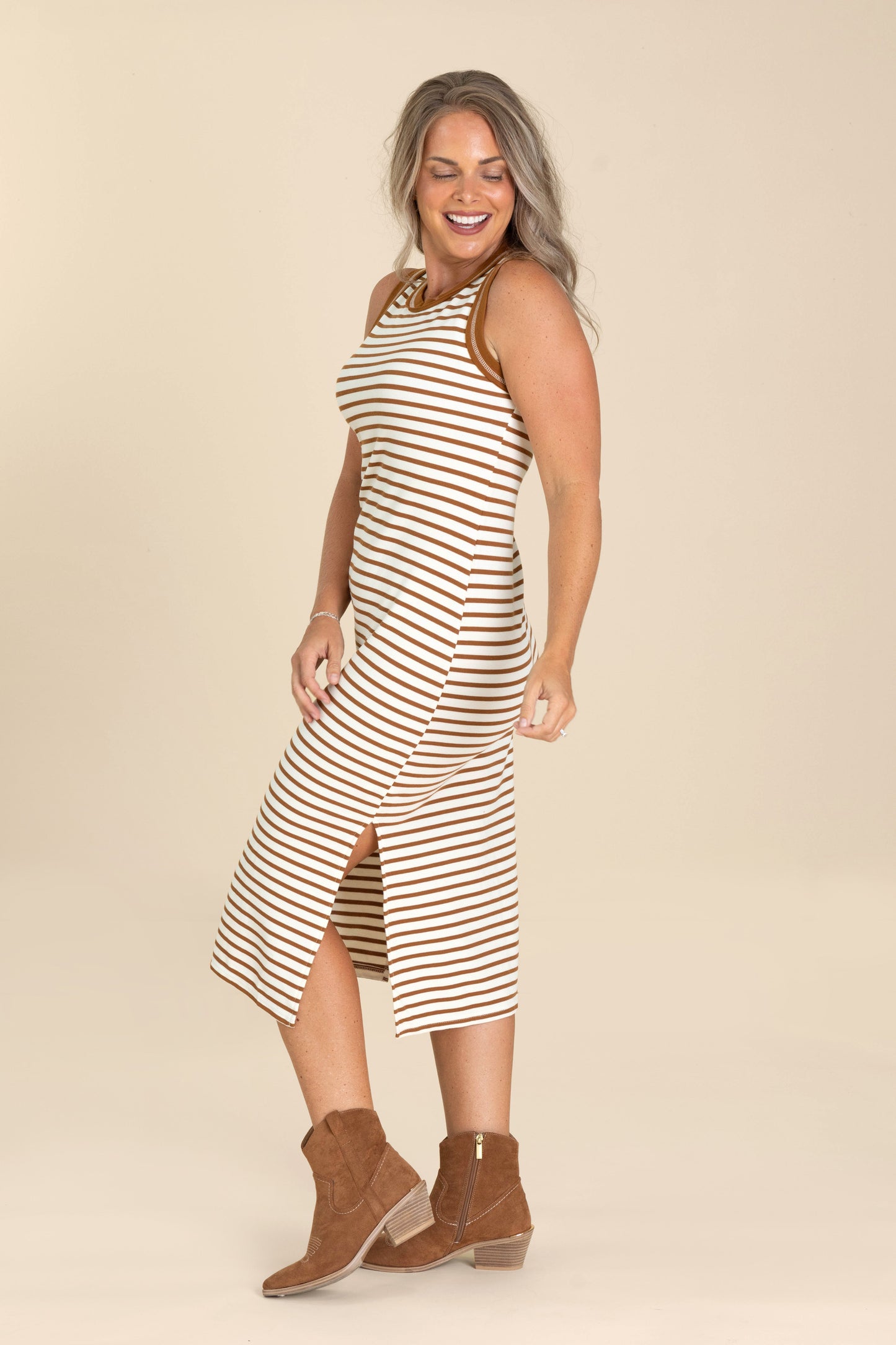 Cognac Stripe Side Slit Tank Maxi Dress