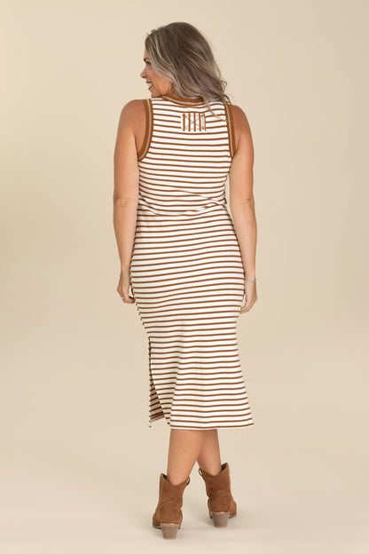 Cognac Stripe Side Slit Tank Maxi Dress