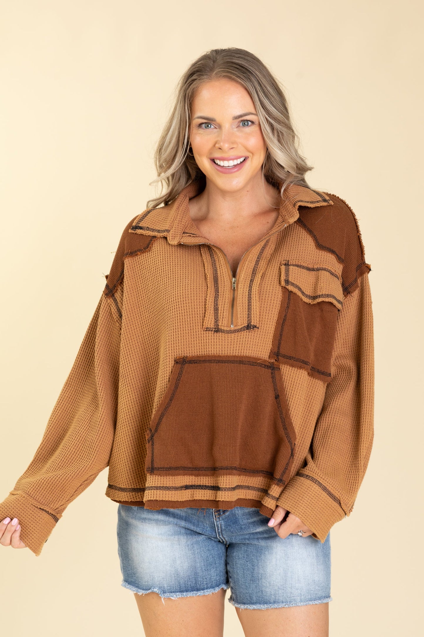 Collar Half Zipper Kangaroo Pocket Knit Top