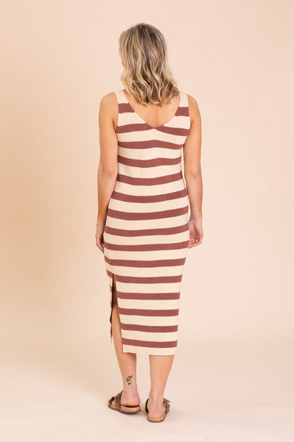 Brown And Beige Stripe V-Neck Tank Midi Dress