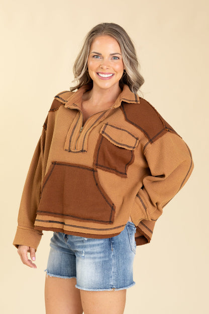 Collar Half Zipper Kangaroo Pocket Knit Top