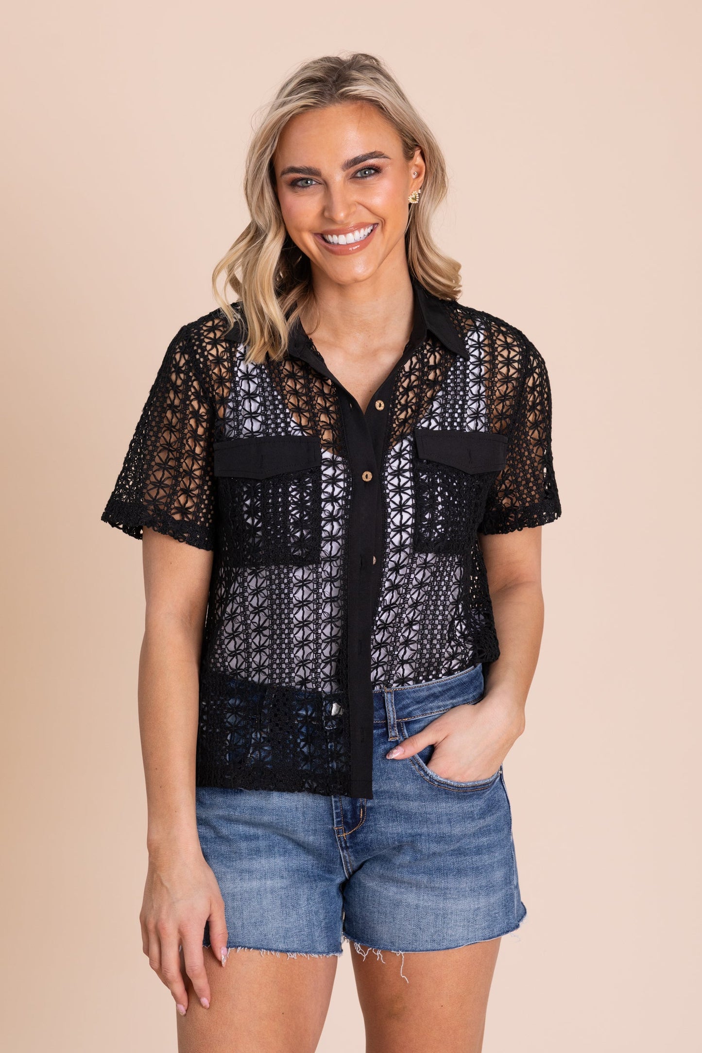 Button Up Crochet Front Pocket Woven Top